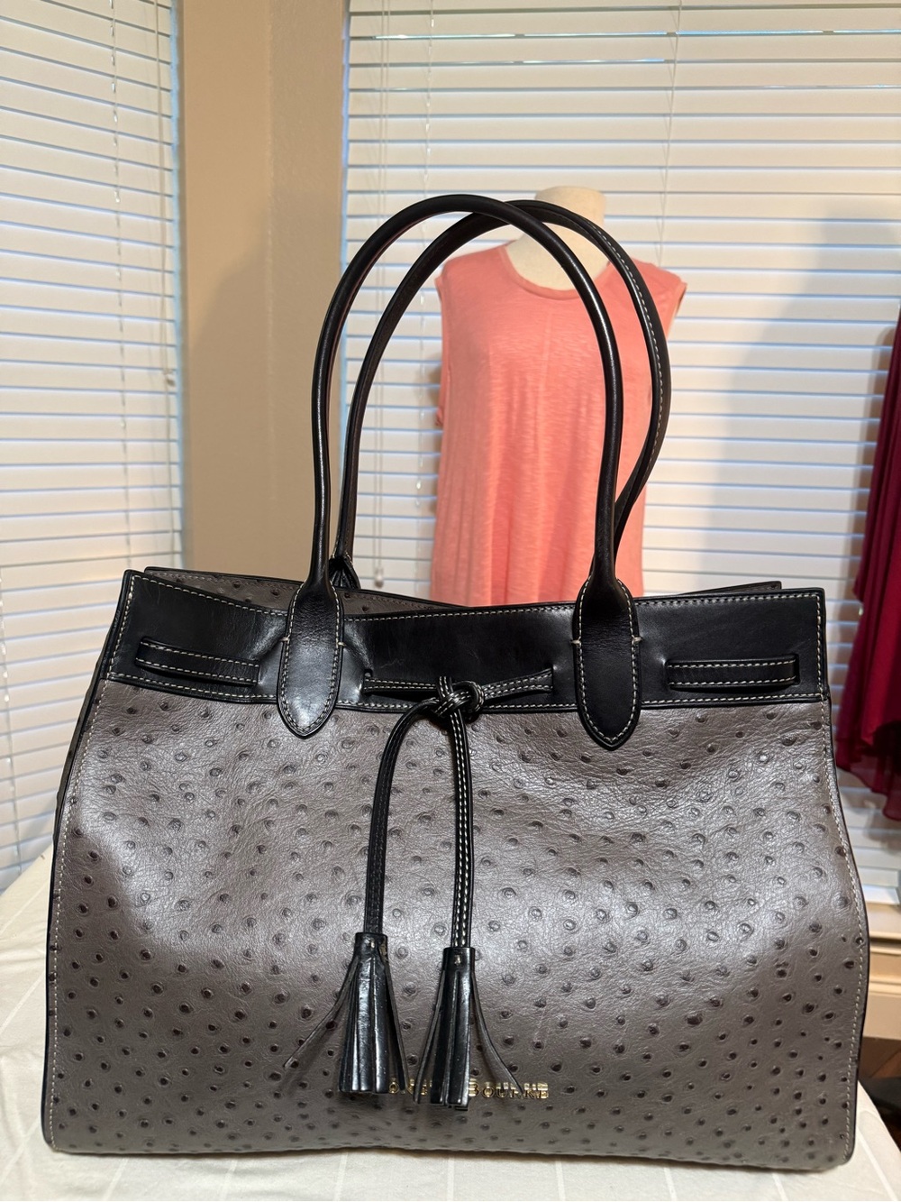 Dooney & Bourke Dillards Large Exclusive Grey Faux-Ostrich Tote with Black Trim